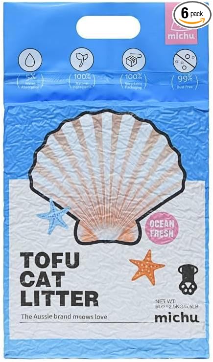 Michu Tofu Cat Litter Natural Clumping Tofu Cat Litter, Fast Clumping and Easily Scoop-able 5.5lb/88oz 5 Scents - Ocean Fresh, 6 Pack