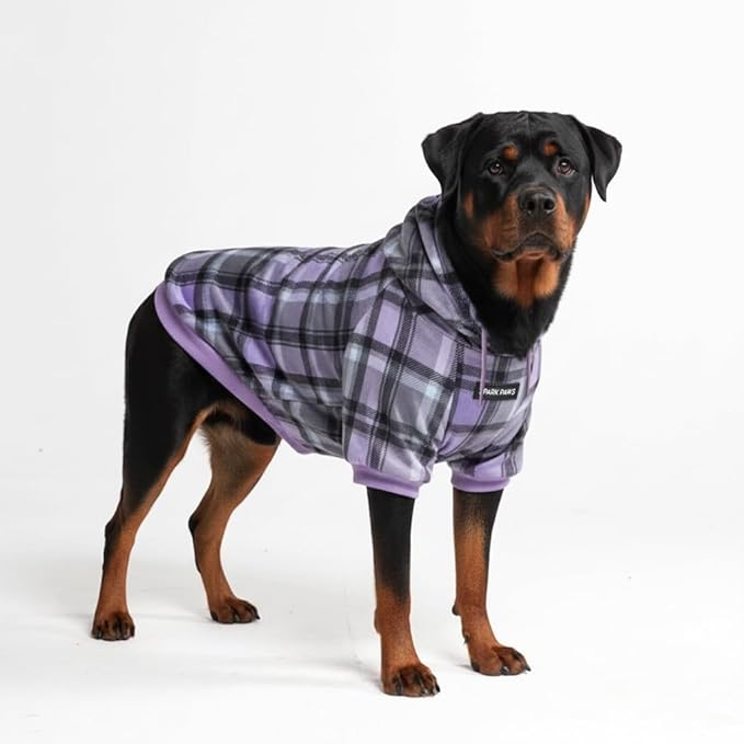 Spark Paws Dog Hoodie – Premium Dog Sweater for Small, Medium, and Large Dogs | Warm Outfits for French Bulldogs, Pitbull, Puppy, Winter Jacket Alternative - Purple Plaid - 4XL
