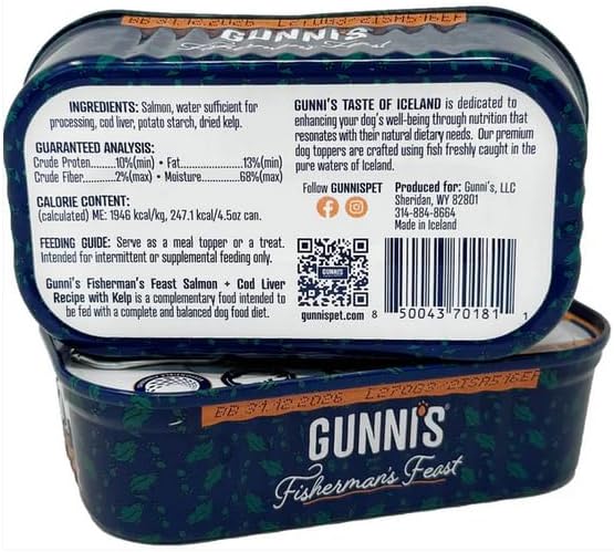 Gunnis Pet Fisherman’s Feast Dog Food Topper – Salmon & Cod Liver with Kelp – Gently Cooked, Wild-Caught in Iceland – Grain-Free, Omega-Rich Topper – 4.5 oz Tin, Pack of 6