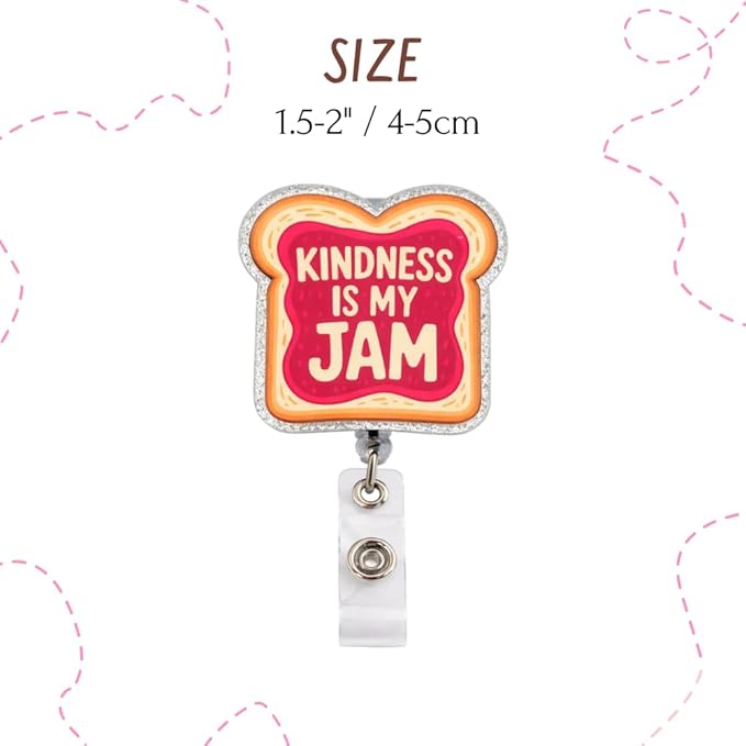 Kindness Is My Jam Badge Reel Glitter Retractable ID Holder Clip Inspirational Positive Nurse Medical RN CNA CMA EMS Healthcare Nursing Cute Name Tag Fun Decorative Bling Gift Office Women Accessories