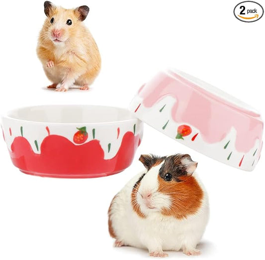 2 Pcs Hamster Ceramic Bowl, Small Animals Anti-Turning Food Water Bowl for Rabbit Hamster Guinea Pig Hedgehog Squirrel (Pink and Red)
