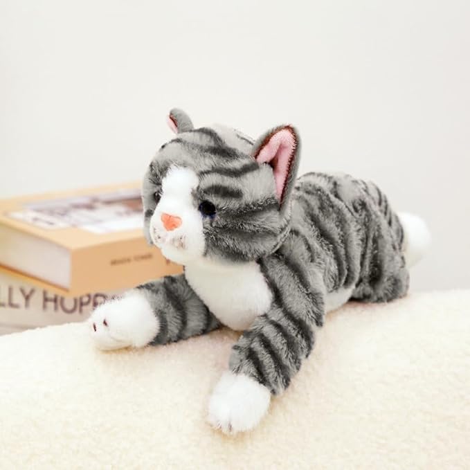 PEACH CAT Striped Cat Stuffed Animal 9.8" Realistic Kitten Plushies Soft Plush Toys Gifts for Kids Grey