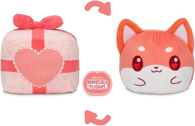 TeeTurtle Shiba Inu Valentine's Day Present Reversible Plushie - 4-Inch Two-Sided Flip Plush Toy with Embroidered Details - Cute Mini Collectible Plush for Kids, Teens, and Adults
