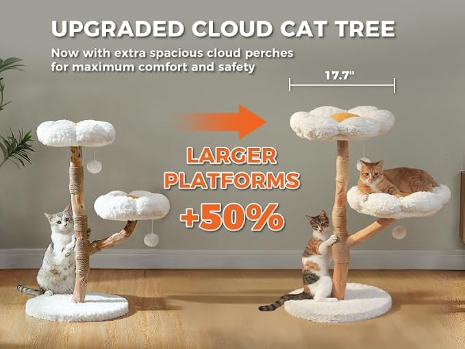 MUTTROS Wood Flower Cat Tree, Modern Cat Tower with Real Wood Branches, Luxury Boho Furniture with Scratching Post and 2 Perches, Cat Climbing Tower for Indoor Cats, Cloud White