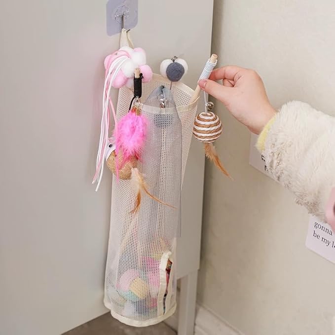 Cat Wand Toy Storage Organizer, Wall Mounted Mesh Holder for Cat Toys, Space-Saving with Adhesive Hooks (Single Compartment)
