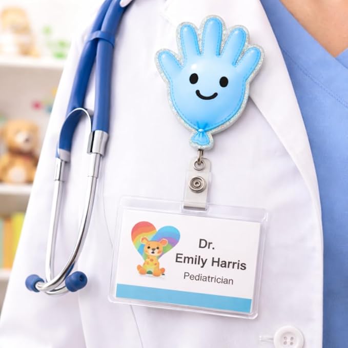 Balloon Glove Badge Reel Cute ID Holder Clip Alligator Swivel Retractable Lanyard Nurse Work Teachers Nursing RN CNA Healthcare Hospital Scrubs Fun Peds Pediatric Medical Coworkers Accessories Gifts