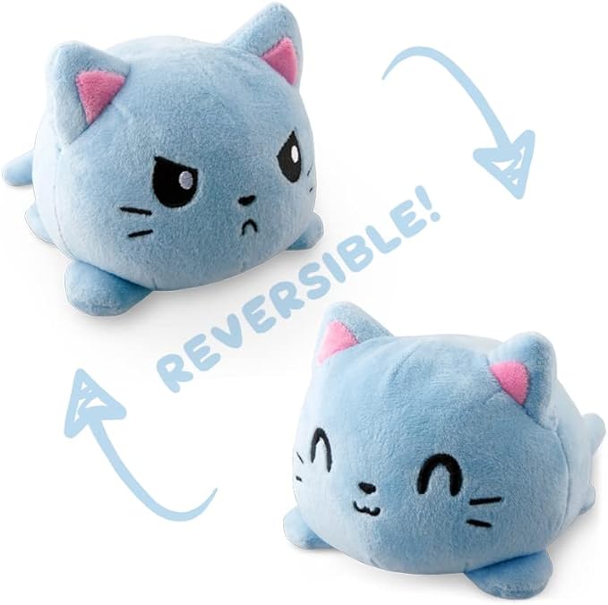 TeeTurtle Reversible Cat Plushie 4-Inch Russian Blue Two-Sided Flip Plush Toy with Embroidered Details - Cute Mini Collectible Plush for Kids, Teens, and Adults
