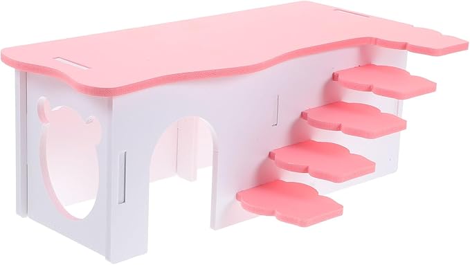 Beaupretty Hamster House Ladder 10.62In Multi-Level Wooden Platform Small Pet Hideout Toy for Hamsters Guinea Pigs Pink Cage Accessory
