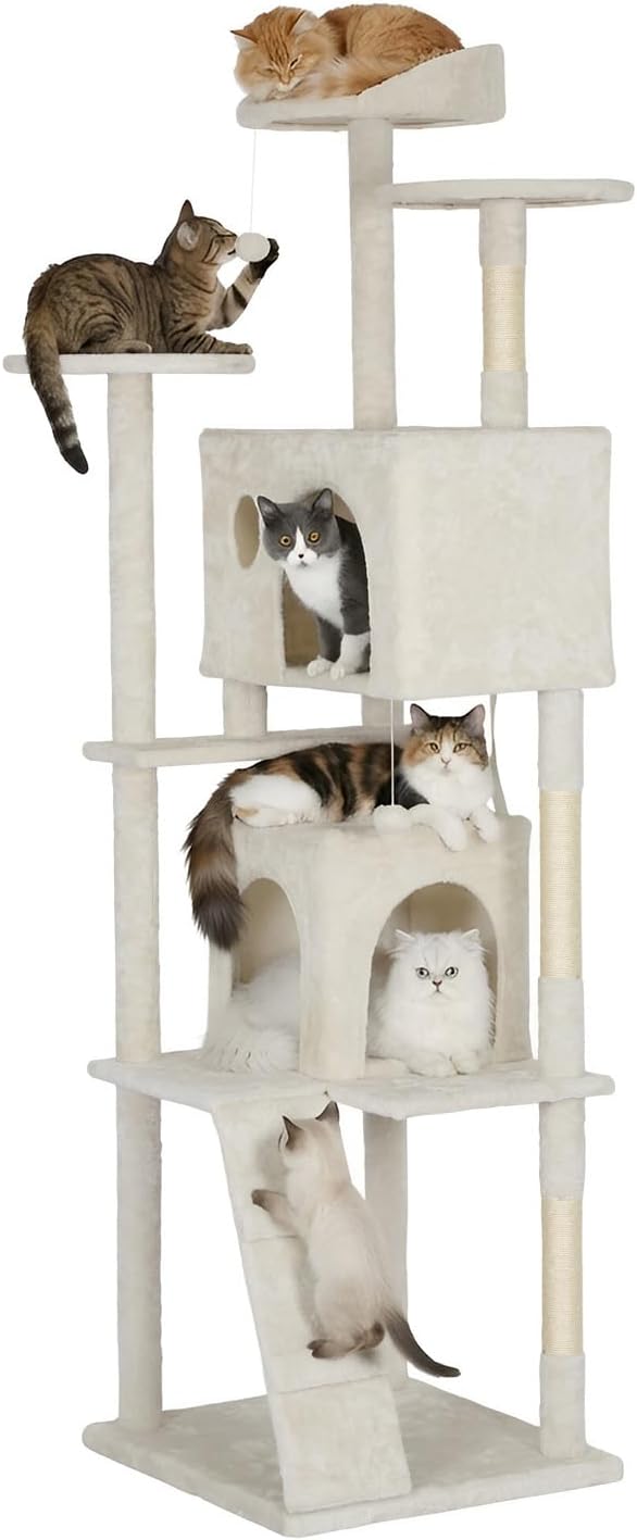 PayLessHere Cat Tree 62in Cat Tower with Cat Scratching Post,Multi-Level Cat Condo Stand House Furniture Kitty Activity Center with Furry Ball Toys Cat Tree for Indoor Cats,Beige