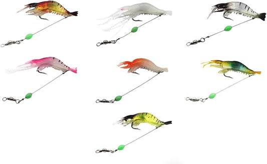 7-Pack Glow Shrimp Fishing Lures – Pre-Rigged Soft Saltwater Bait with Hooks & Beads – Lumobait for Halibut, Flounder, Rockfish, Lingcod