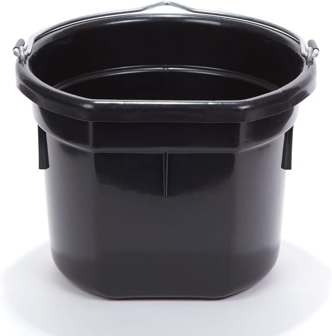 Little Giant® Flat Back Plastic Animal Feed Bucket | Animal Feed Bucket with Metal Handle | Horse Stall Feeding and Watering Supplies (Black, 8 Quart)