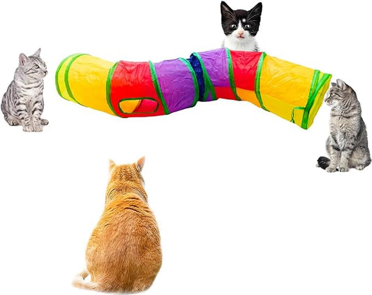 Cat Tunnel Tube Toys，Tunnels for Indoor Cats, Collapsible Interactive Toy with Balls for Rabbits, Kittens, Ferrets, Puppy (S - 2 Way Yellow Green)