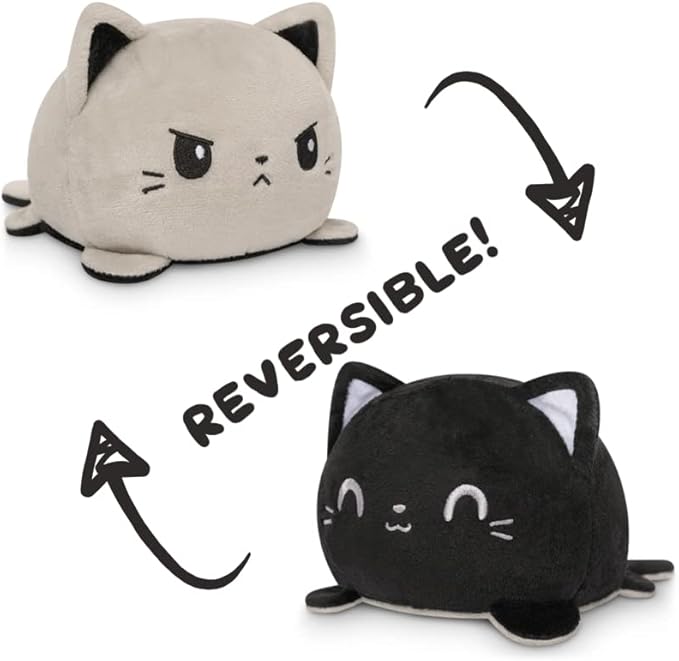 TeeTurtle Reversible Cat Plushie 4-Inch Gray + Black Two-Sided Flip Plush Toy with Embroidered Details - Cute Mini Collectible Plush for Kids, Teens, and Adults