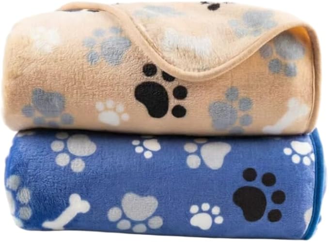 Dog Blanket Paw Bone Pattern 1 Pack 2 Super Soft Warm Flannel Sofa Cover Car Bed Protector, Urine Proof Washable Outdoor Pet Blanket for Puppy Large Dogs & Cats,40"*30" Blue&Beige