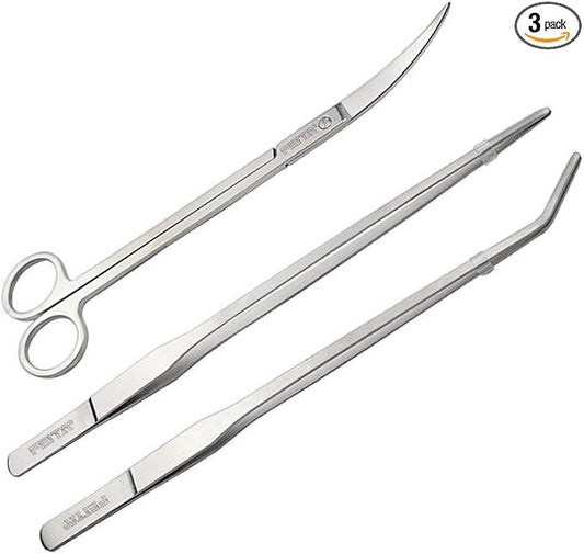 FEITA Aquarium Tweezer Set - Long Stainless Steel Curved & Straight Feeding Tweezers Scissors Maintenance Tools Kit (3 Pcs)