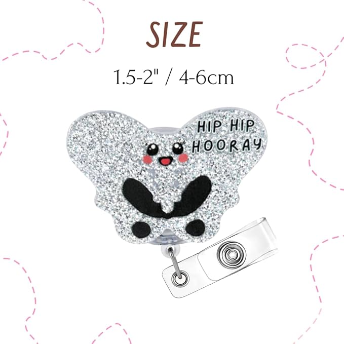 Hip Hip Hooray Badge Reel IVN Pelvis Bone Spine Surgical Trauma Orthopedic Hospital Rehab Medical ER ID Name Holder with Alligator Clip Gift for Ortho Nurse Doctor RN MD XRay Tech Healthcare Workers