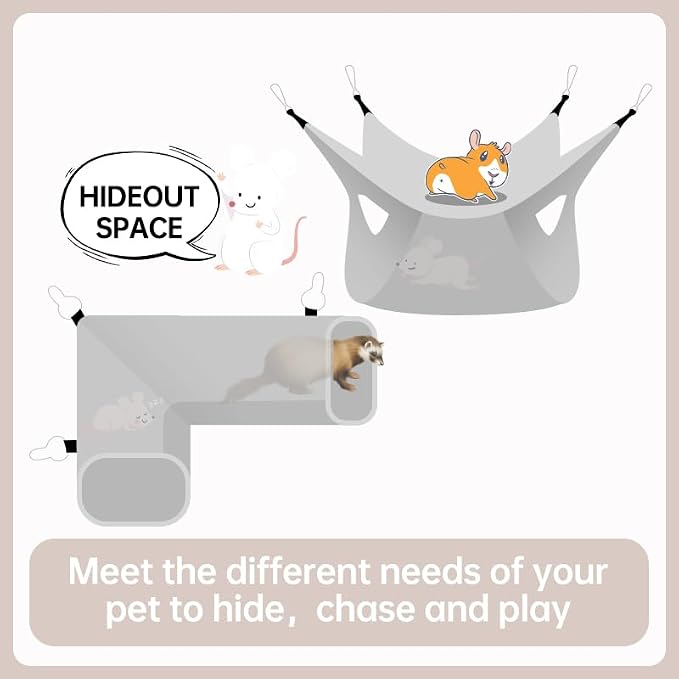 Guinea Pig Rat Tunnel Ferret Hammock, Small Animal Corner Tunnel & Tubes & Bed for Hedgehog Piggy Chinchilla Hideout Toys and Cage Accessories (3.Hammock&Tunnel, Pink cat)