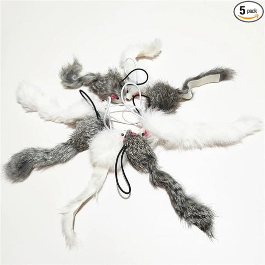 Real Rabbit Fur Mouse Cat Toy - 5 Pack with Crinkle Sound, Rattle & Rope, Extra-Wide Durable Tail, Interactive Hunting Toys for Indoor Cats (No Catnip)