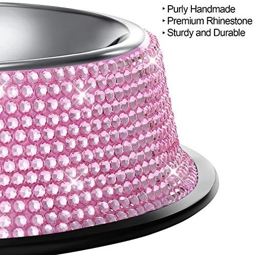 SAVORI Small Dog Bowls Pink, Handmade Bling Rhinestones Stainless Steel Pet Bowls Double Food Water Feeder for Puppy Cats Dogs Cats (400ml-Pink)