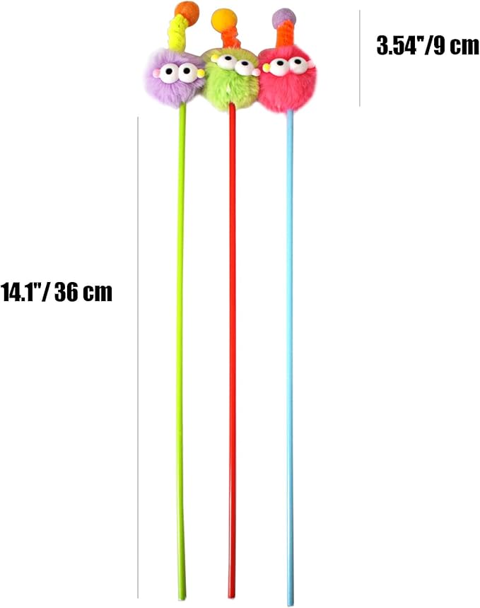 IUHKBH Cat Wands, 3 PCS Fluffy Ball Teaser Wands Interactive Kitten Toys Adorable Cat Toys No Noise Kitty Wand for Energetic Kittens