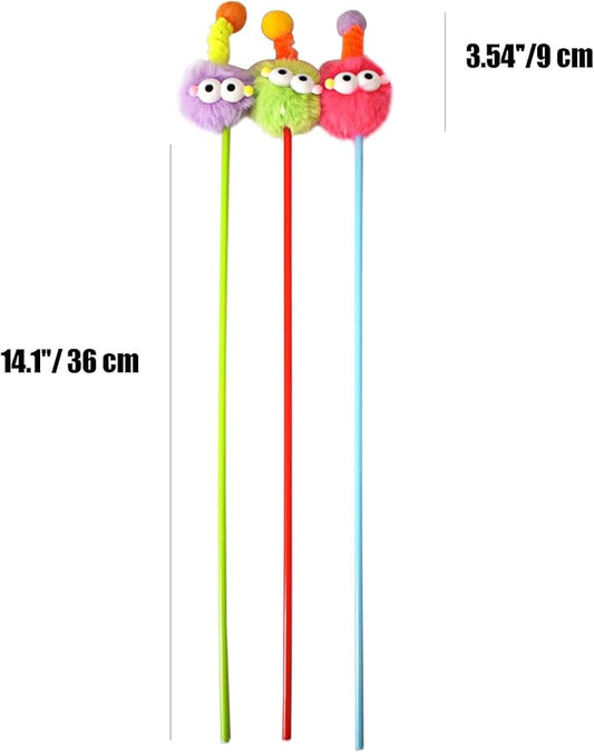IUHKBH Cat Wands, 3 PCS Fluffy Ball Teaser Wands Interactive Kitten Toys Adorable Cat Toys No Noise Kitty Wand for Energetic Kittens