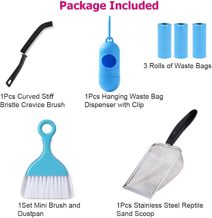 Reptile Sand Scoop Cleaning Kit for Bearded Dragon & Leopard Gecko Tank Accessories – Reptile Sand Sifter, Reptile Litter Scoop, Mini Brush & Dustpan, Hanging Waste Bag Dispenser