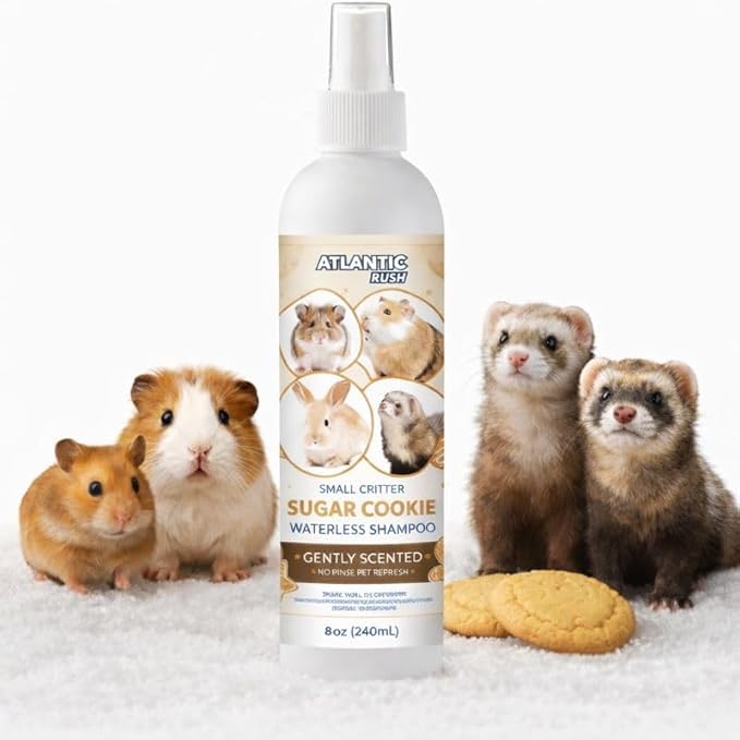 Waterless Shampoo for Small Critters - 8oz Cruelty Free Dry Shampoo - No Rinse for Pet Ferrets, Guinea Pigs, Hedgehogs, Sugar Gliders, Rabbits & Hamsters (8 oz, Sugar Cookie Lightly Scented)