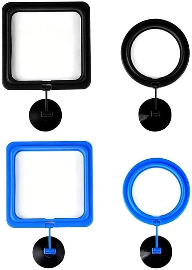 2pcs Black Fish Feeding Ring, Black Round and Square Aquarium Floating Food Feeder, Food Feeders with Suction Cup for Goldfish Turtle and Other Smaller Fish, Food Feeding Ring with Suction Cup