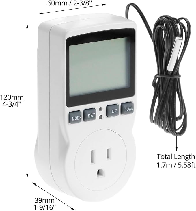 QWORK Digital Thermostat Outlet Plug Temperature Controller Socket - 120V, 15A Max, Heating Cooling Control, No Back Light
