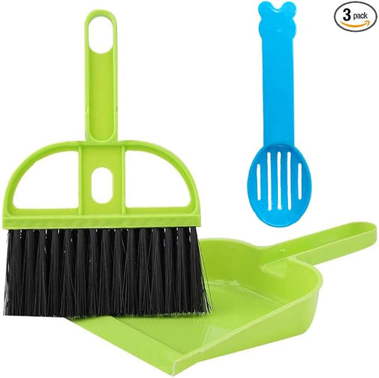 SEIS 3 Pack Hamster Mini Dustpan and Broom Set Guinea Pig Classical Besom Chinchillas Sweeper Cavy Cage Clean Hedgehogs Scooper for Small Animal (Green)