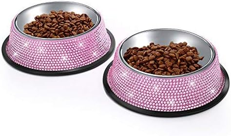 SAVORI Small Dog Bowls Pink, Handmade Bling Rhinestones Stainless Steel Pet Bowls Double Food Water Feeder for Puppy Cats Dogs Cats (400ml-Pink)