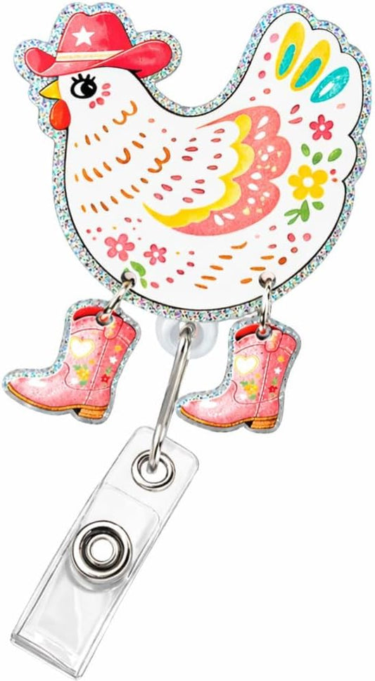 Chicken Cowgirl Badge Reel Lanyard Country Western Funny Nurse Medical Retractable Holder Alligator Swivel ID Card Name Tag Rodeo Farm Bling Vet Tech Decorative Clip Cute Accessories Gift Women