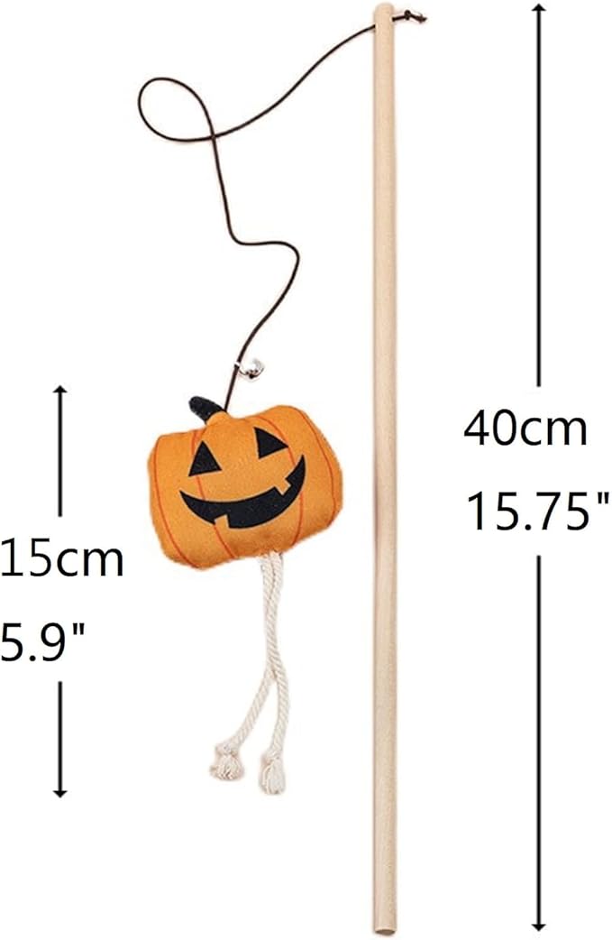 Halloween Cat Wand Teaser Toys with Bell, Kitten Interactive Plush Kitty Plaything Gift Set of 3