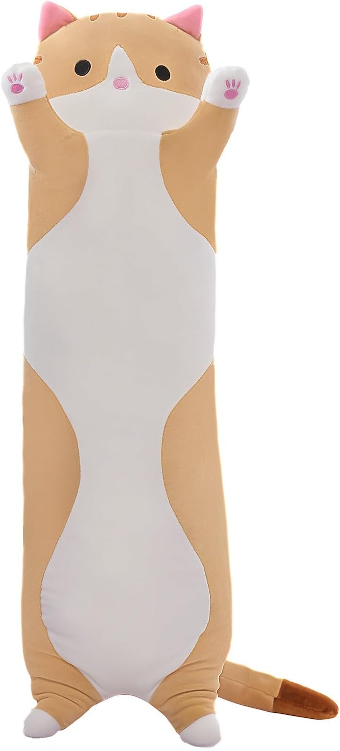 Cute Cat Plush Long Body Pillow – Soft Cartoon Stuffed Animal Doll, Kawaii Cat Plushie Cuddle Toy for Kids, Girls & Girlfriend (Brown, 35.4 Inch)