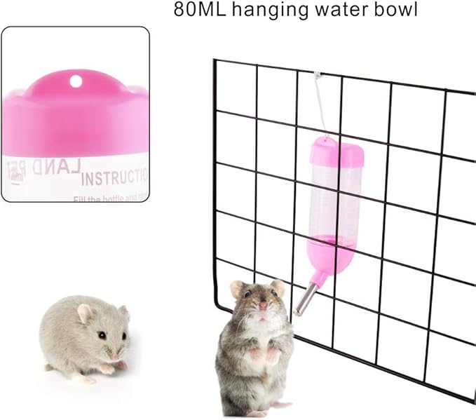 Guardians Hamster Water Bottle, Little Pet Automatic Drinking Bottle with Food Container Base Hut Hanging Water Feeding Bottles Auto Dispenser for Small Animals(80ml,Pink)