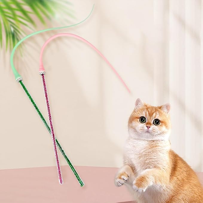 MiOYOOW 2PCS Cat Toy Wand, Silicone Mice Tail Teaser Toys Interactive Cat Toys with 2 Replaceable Tail for Indoor Cats Kittens Chase Exercise