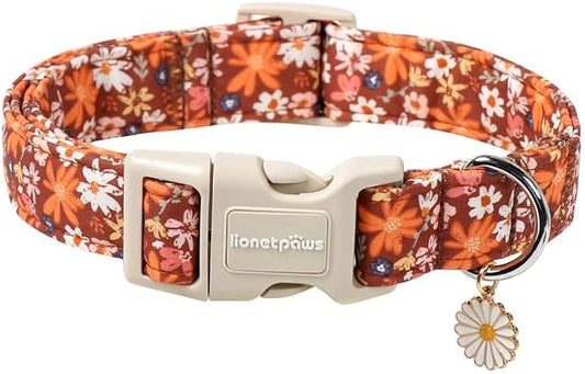 Lionet Paws Vintage Floral Dog Collar- Cute Fall Groundsel Oxalis Golden-Rod Dog Collars with Plastic Buckle, Light Adjustable Brown Dog Collars for Medium Dogs