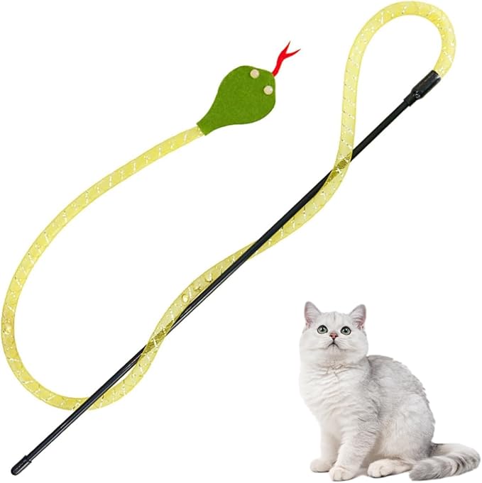 Cat Teaser Wand Toy for Indoor Cats, Cute Mesh Snake & Crinkle Plush Fabric Kitten Wand Kitty Toys Interactive Play Chase Exercise Wand String Toys Cat Toys for All Breed Sizes (Yellow,14.57+30.7inch)