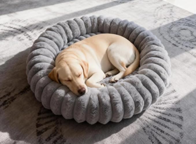 Donut Dog and Cat Bed, Luxurious Comfortable Faux Rabbit Fur Pet Beds, Round Anti-Anxiety Calming Puppy Kitten Bed with Anti-Slip Bottom for Small Medium Dogs & Cats(35", Brown)