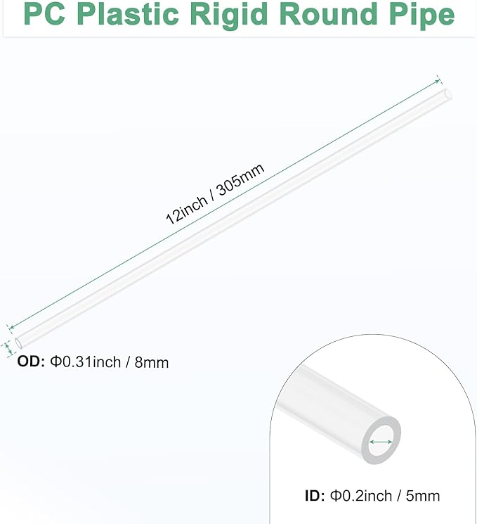 M METERXITY Clear Plastic Tube, 5mm[0.2"] ID x 8mm[0.31"] OD High Impact Rigid Polycarbonate Round Pipes for Water Plumbing/Lighting/Aquariums/Models, Plastic Tubing [305mm/12IN]