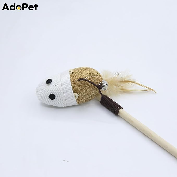 4PCS Cat Teaser Wand Toy Set – Wooden Handles with Sisal Rope Balls, Mouse & Feather Attachments, Interactive Play Wands with Bells for Indoor Cats