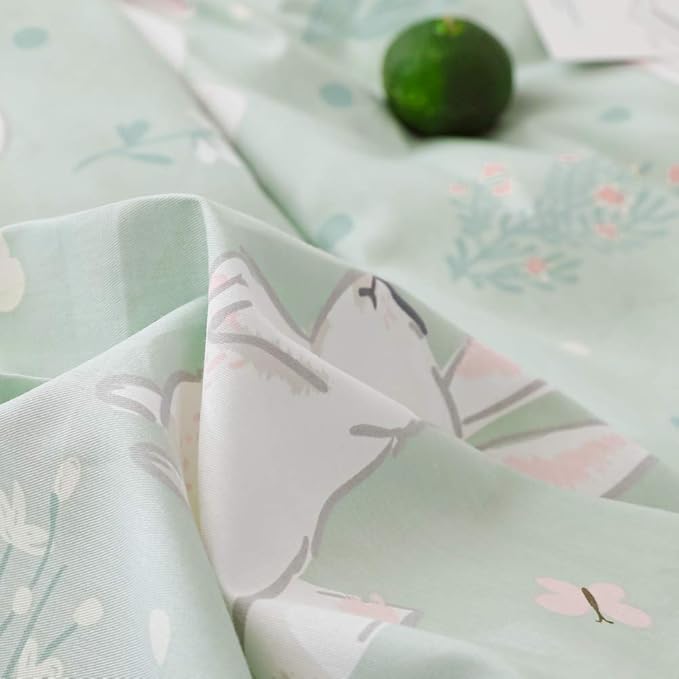 BlueBlue Rabbit Kids Duvet Cover Set Queen, 100% Cotton Bedding for Boys Girls Teens, Cartoon White Rabbit Flower Cute Pattern Print on Light Green, 1 Full Comforter Cover 2 Pillow Shams (Queen)