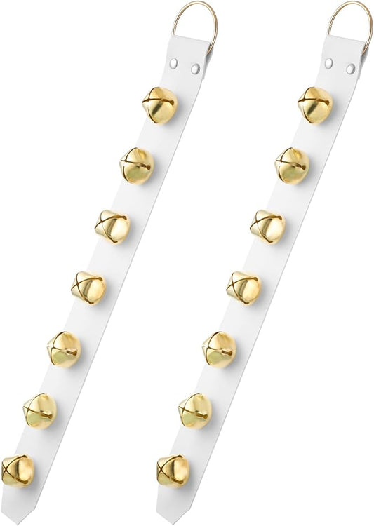 Frienda Hanging Jingle Sleigh Bells 7-Bell Dog Doorbells for Door Knob Faux Leather Belts Go Outside Dog Bells Christmas Decor and Holiday Decorations, 18.7 x 1.8 x 1 Inches(White with Gold)