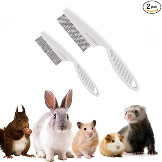 2PC Hamster Grooming Comb - Stainless Stell Face Flea Comb Fine Tooth Tear Stain Remover Removes Crust, Mucus, Stains, Face Brush for Chinchillas, Ferrets, Guinea Pigs, Rabbits (White)