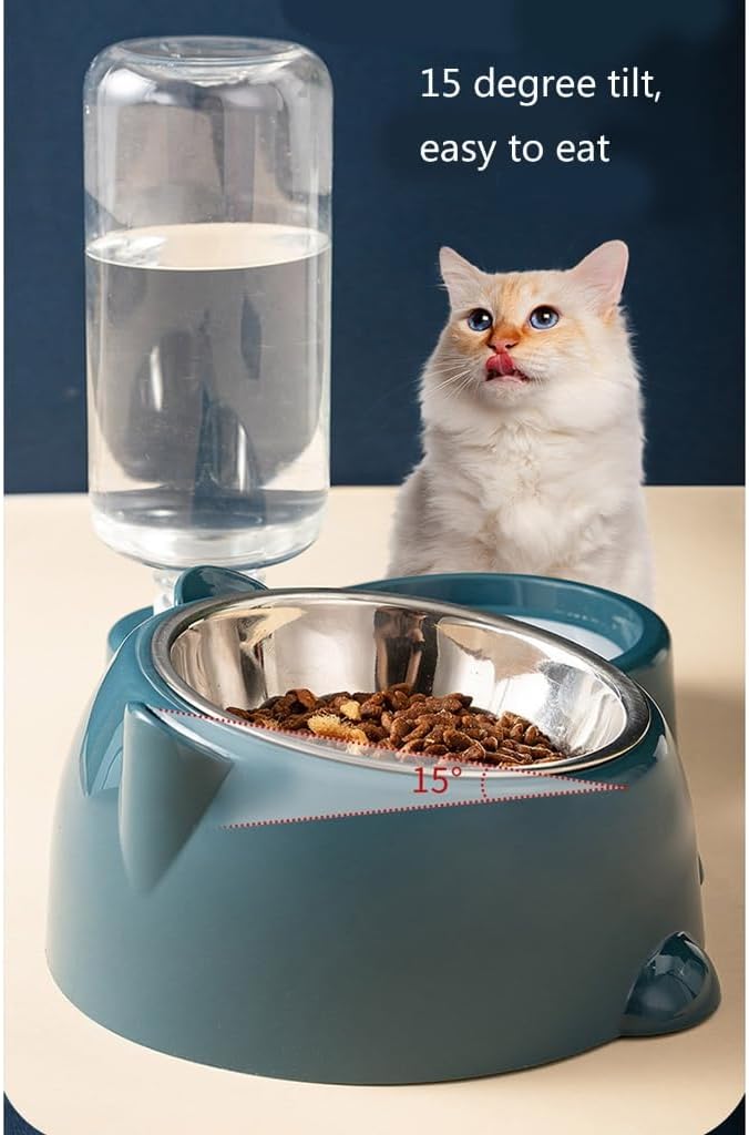 Automatic Refill Pet Water Bowl and Food Dish Set with Stainless Steel Removable Tray Anti Tip Base for Small Animals