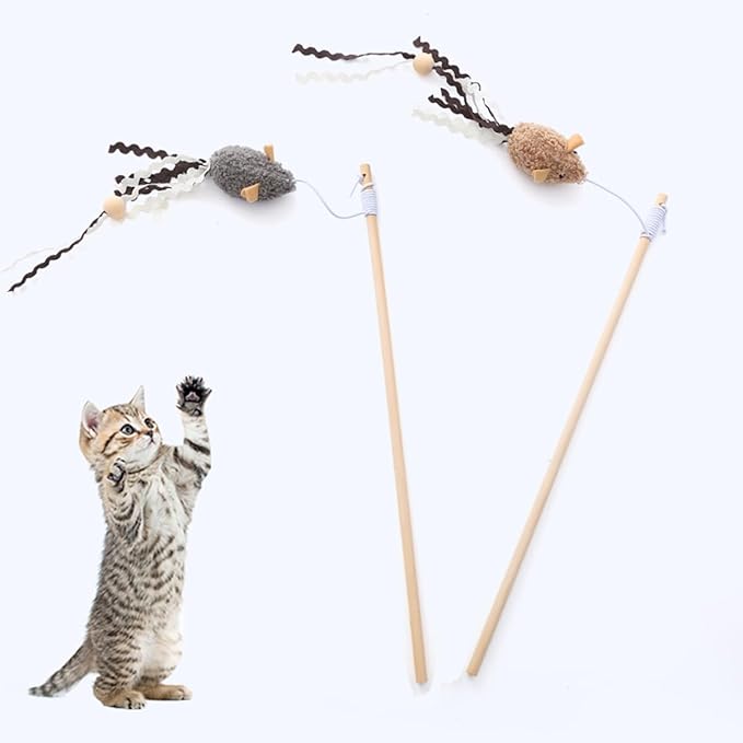 2 Pack of Cat Wand Toy Wood Cat Wand Mouse Toys with Catnip Interactive Kitten Toys for Indoor Cats
