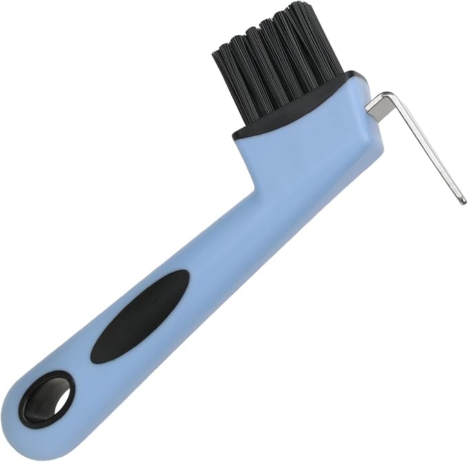 2-in-1 Blue Horse Hoop Pick with Brush Equine Hoop Pick | Metal Pick,PP Bristles,TPR Overmolded Handle,Hangable,Hoof Scraper Brush,Hoop Pick for Horses Cattle Donkey Livestock