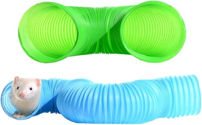 2 Pack Collapsible Ferret Tunnel - Fun Plastic Guinea Pigs Tube Tunnel Foldable Hideaway Exercising Training Tube Toys for Ferrets,Chinchilla, Guinea Pig, Gerbil, Mouse, Rat (Blue+Green)