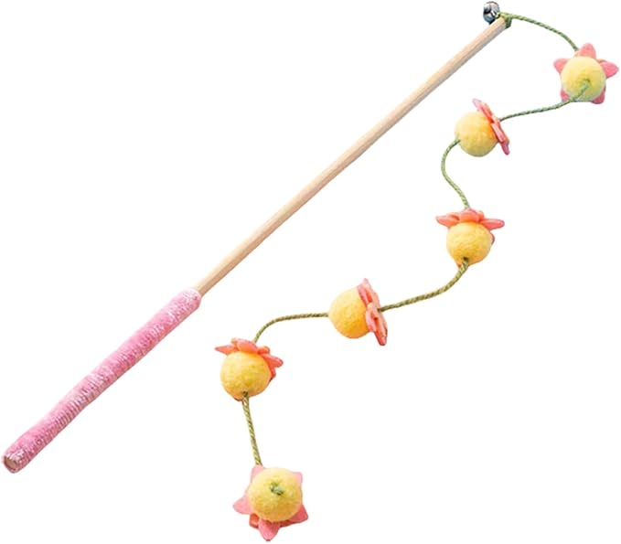 Cat Wand Toy with Bell: Floral Bamboo Teaser for Cats & Kittens - Yellow Apricots