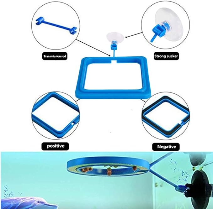 2 Pcs Fish Feeding Ring, Fish Safe Floating Food Feeder Circle Blue, with Suction Cup Aquarium, Square and Round Shape Fish Tank Towels - for Guppy, Betta, Goldfish, Etc. (Blue)¡­